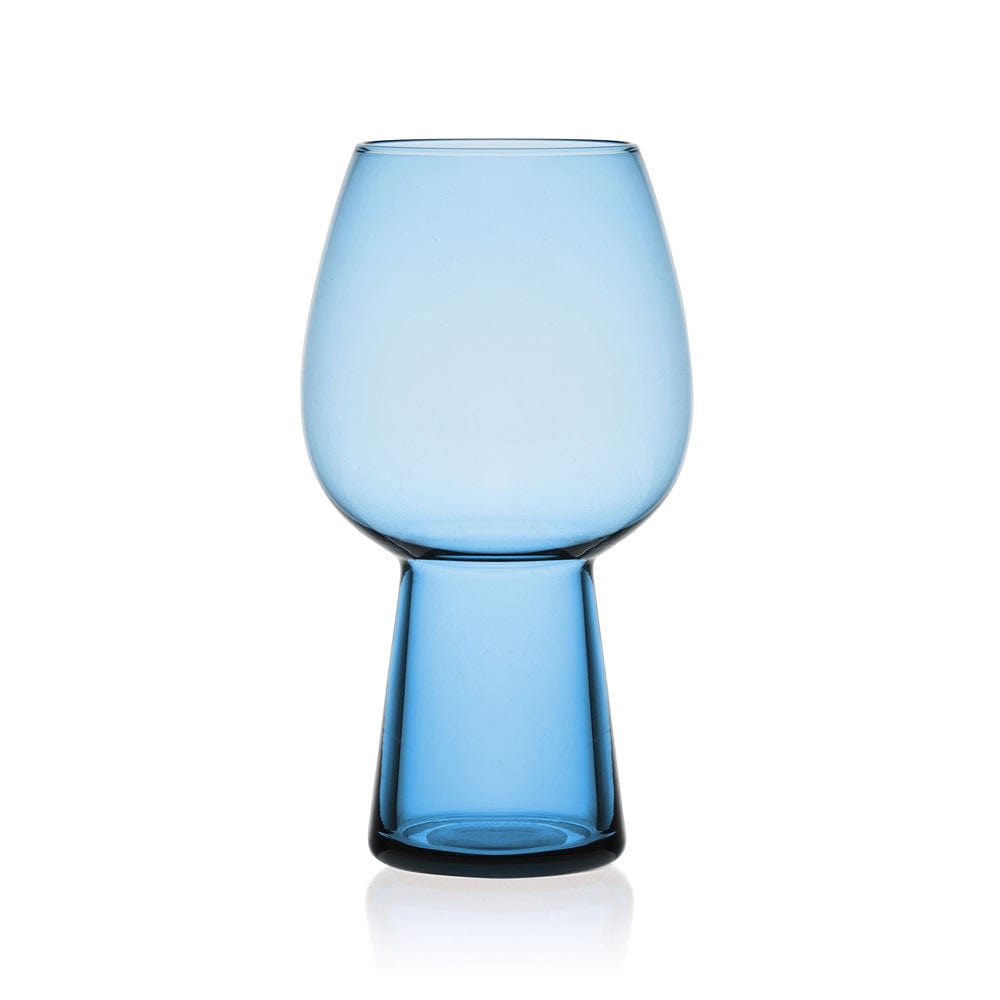 Blue glass goblet with rounded bowl and tall pedestal stem