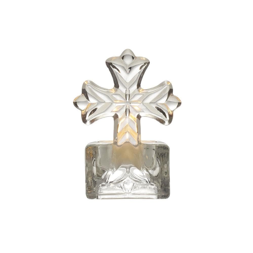 Clear crystal cross tealight holder with votive atop a decorative glass base