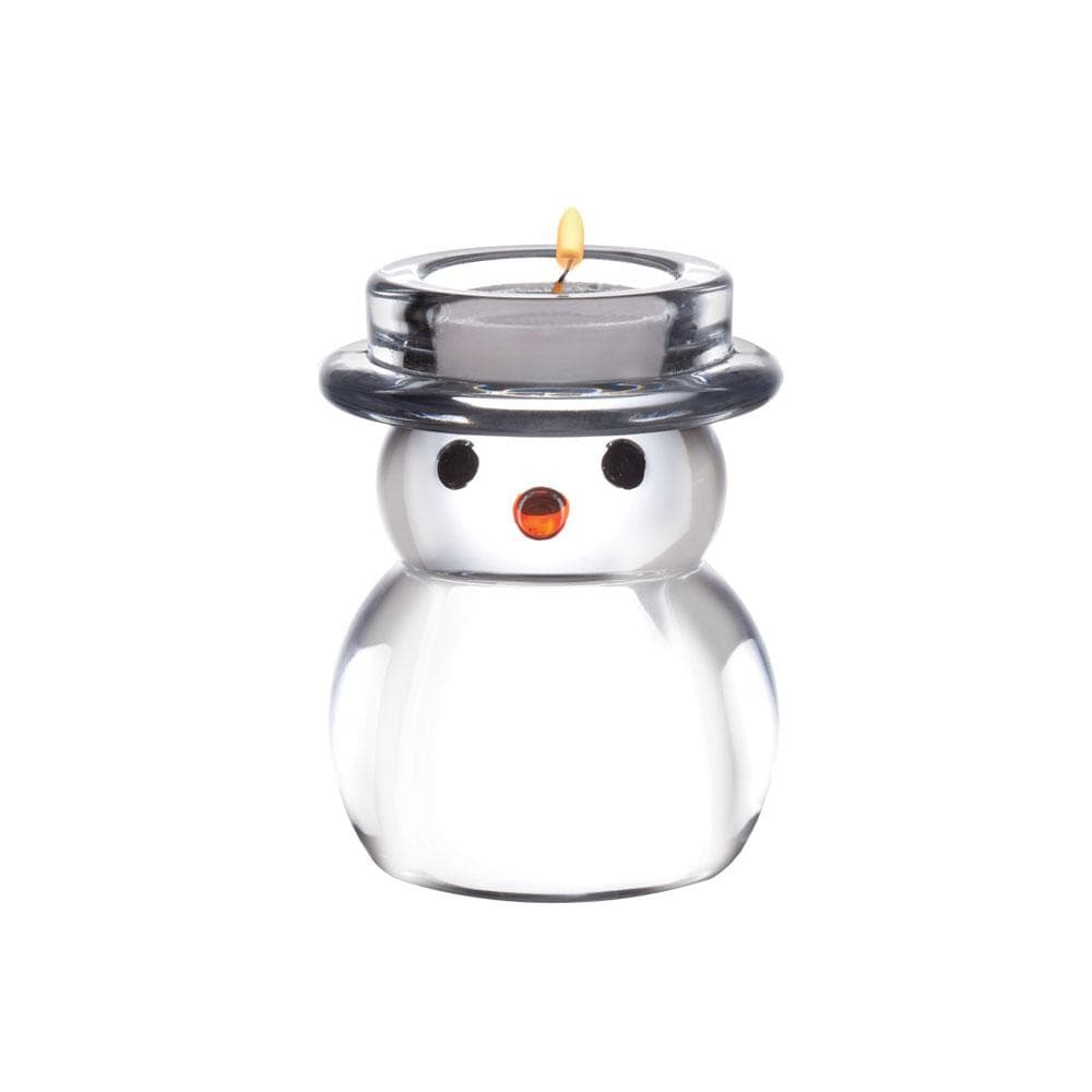 Clear glass snowman tealight holder with a lit tealight on top.