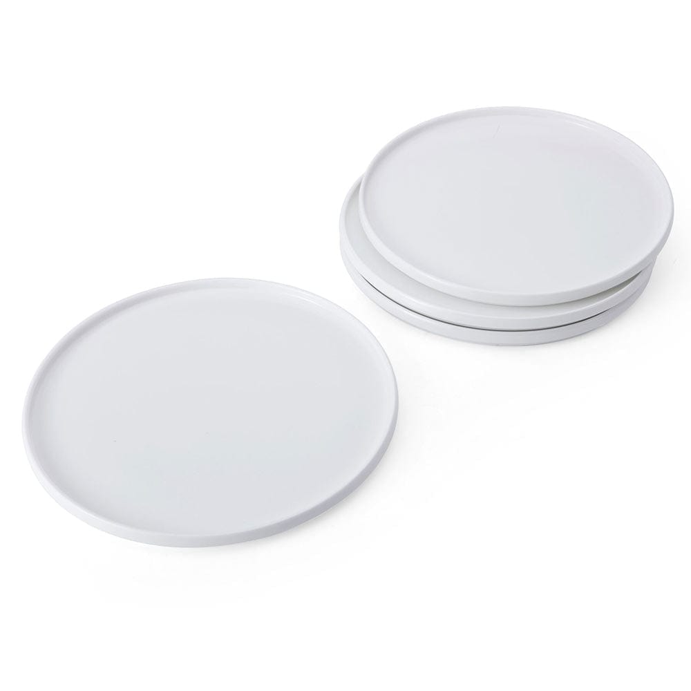 Two white round dinner plates from the Sloane set on a white background.