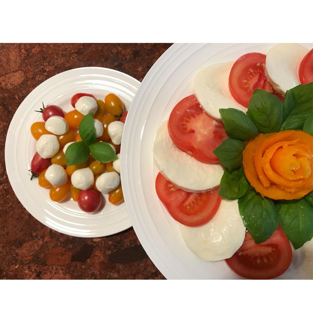 Caprese style salad on white Swirl Bone dinner plates with tomatoes mozzarella and basil