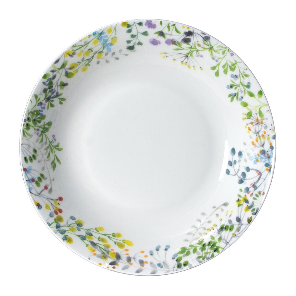 Top view of Tivoli Garden serving bowl showing a white interior and a vibrant floral border around the edge