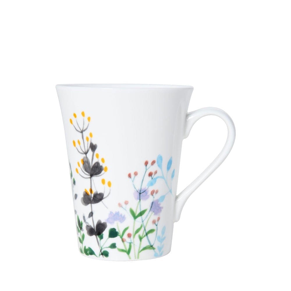 Close-up of a single white Tivoli Garden mug with a colorful botanical print.