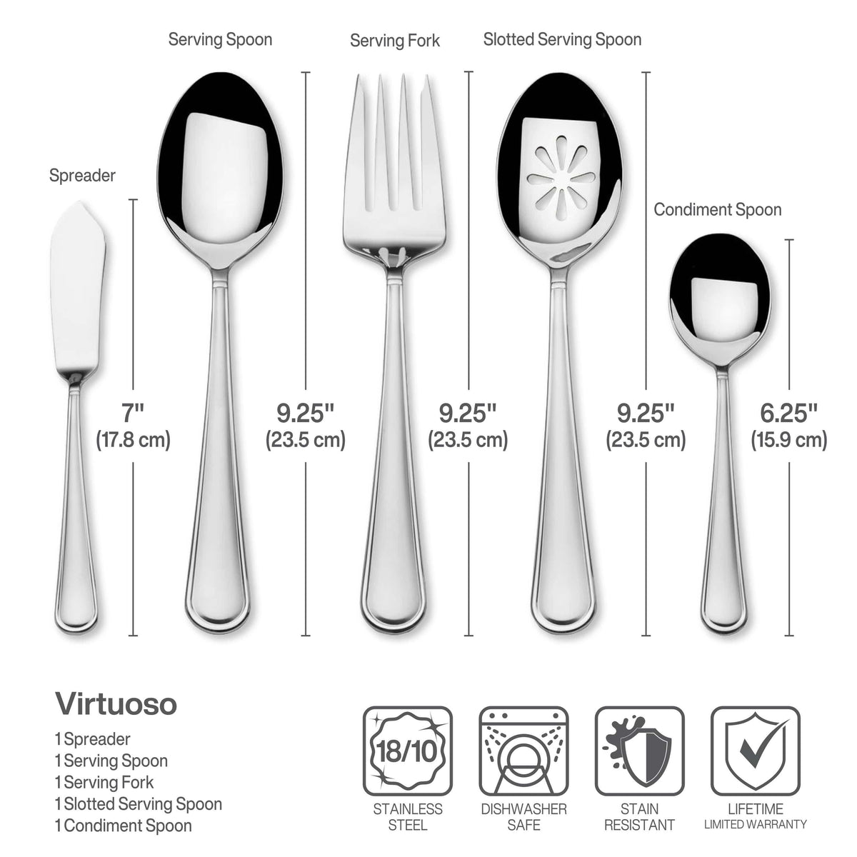 Diagram of Virtuoso 114 piece flatware set with expandable caddy showing individual pieces