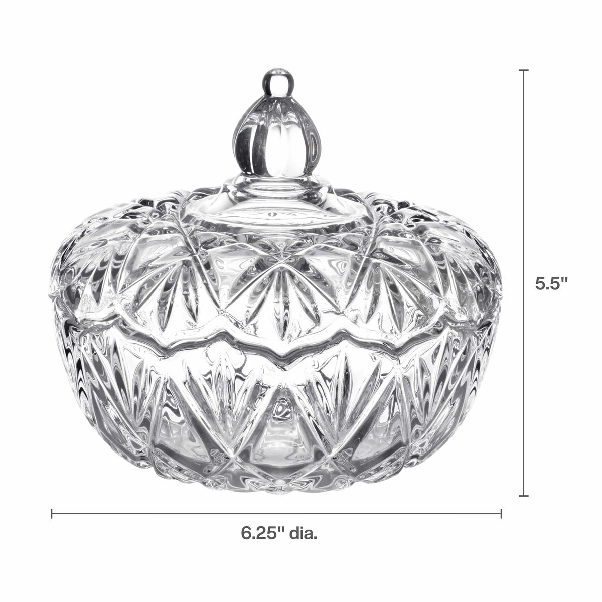 Saturn Glass Covered Candy Dish with a faceted crystal body and a round lid knob