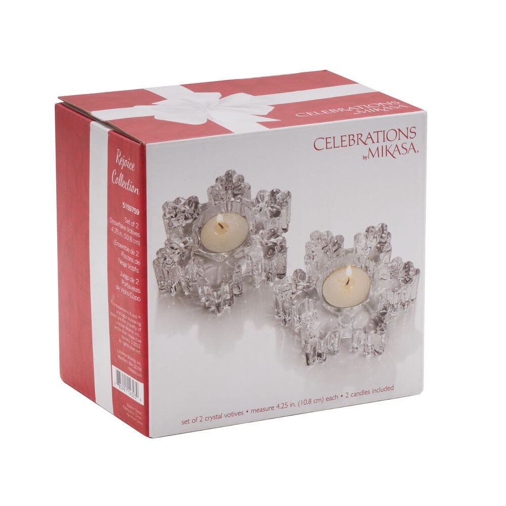 Boxed set of two crystal snowflake tealight holders with candles