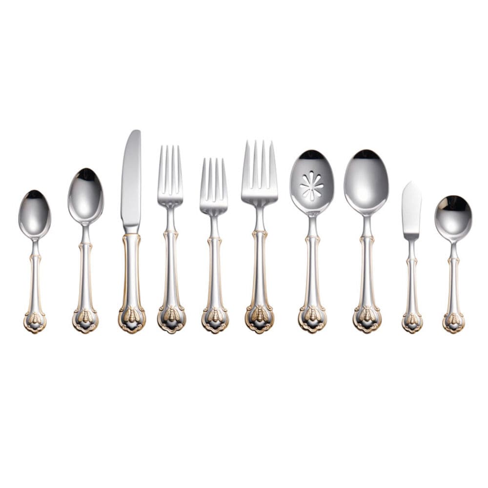 Full Wallace Napoleon Bee 45 piece flatware service for eight with gold trim and bee crest