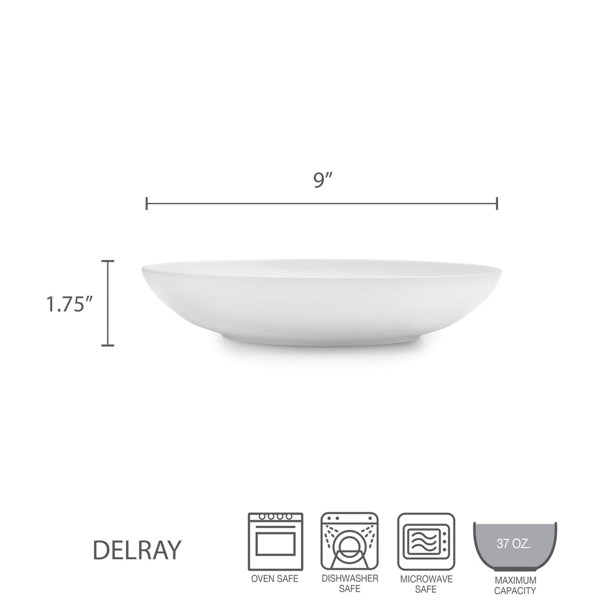 Delray bowl size guide detailing 9 inch diameter 1.75 inch height and 37 oz capacity