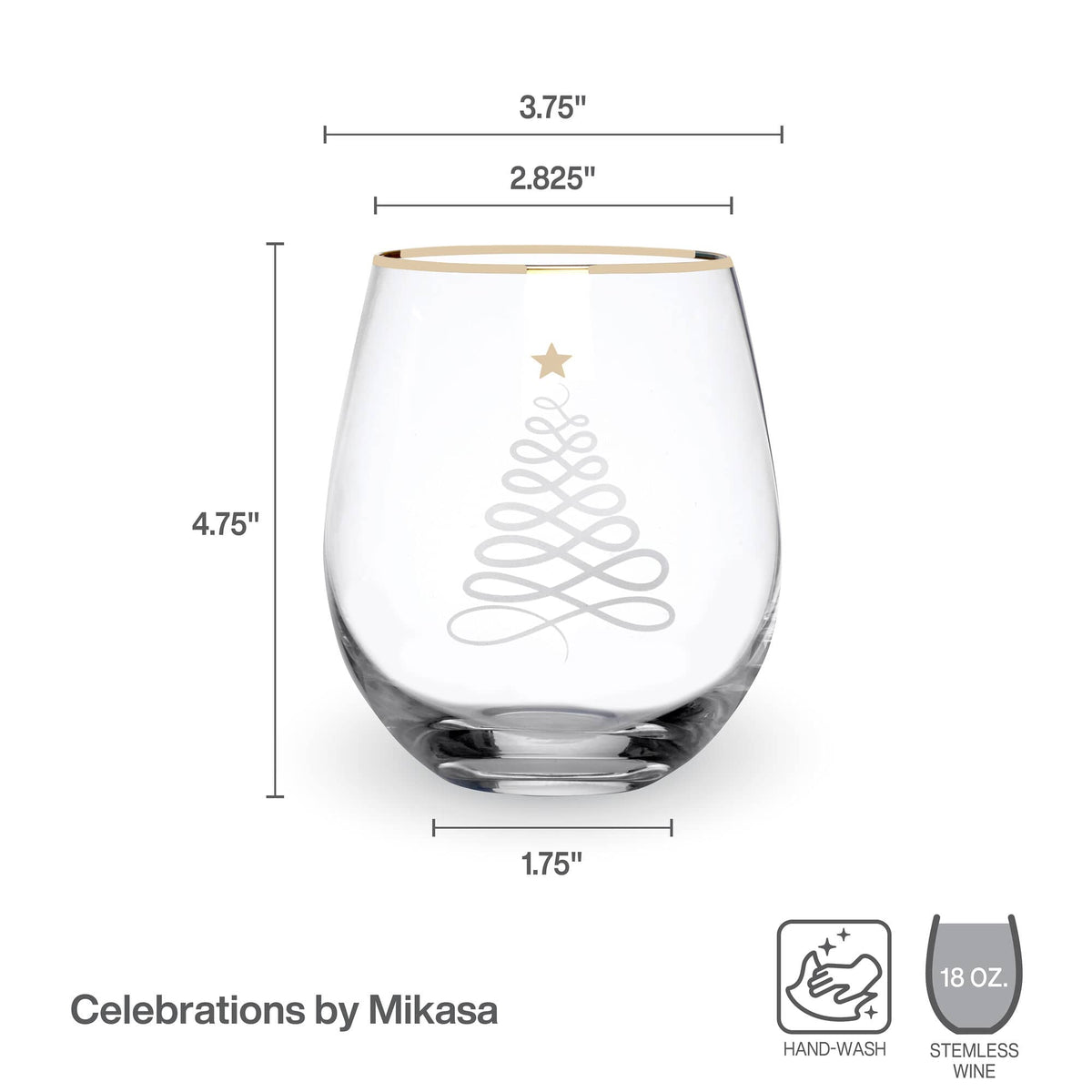 Product diagram of the gold rim stemless wine glass showing dimensions and 18 oz capacity