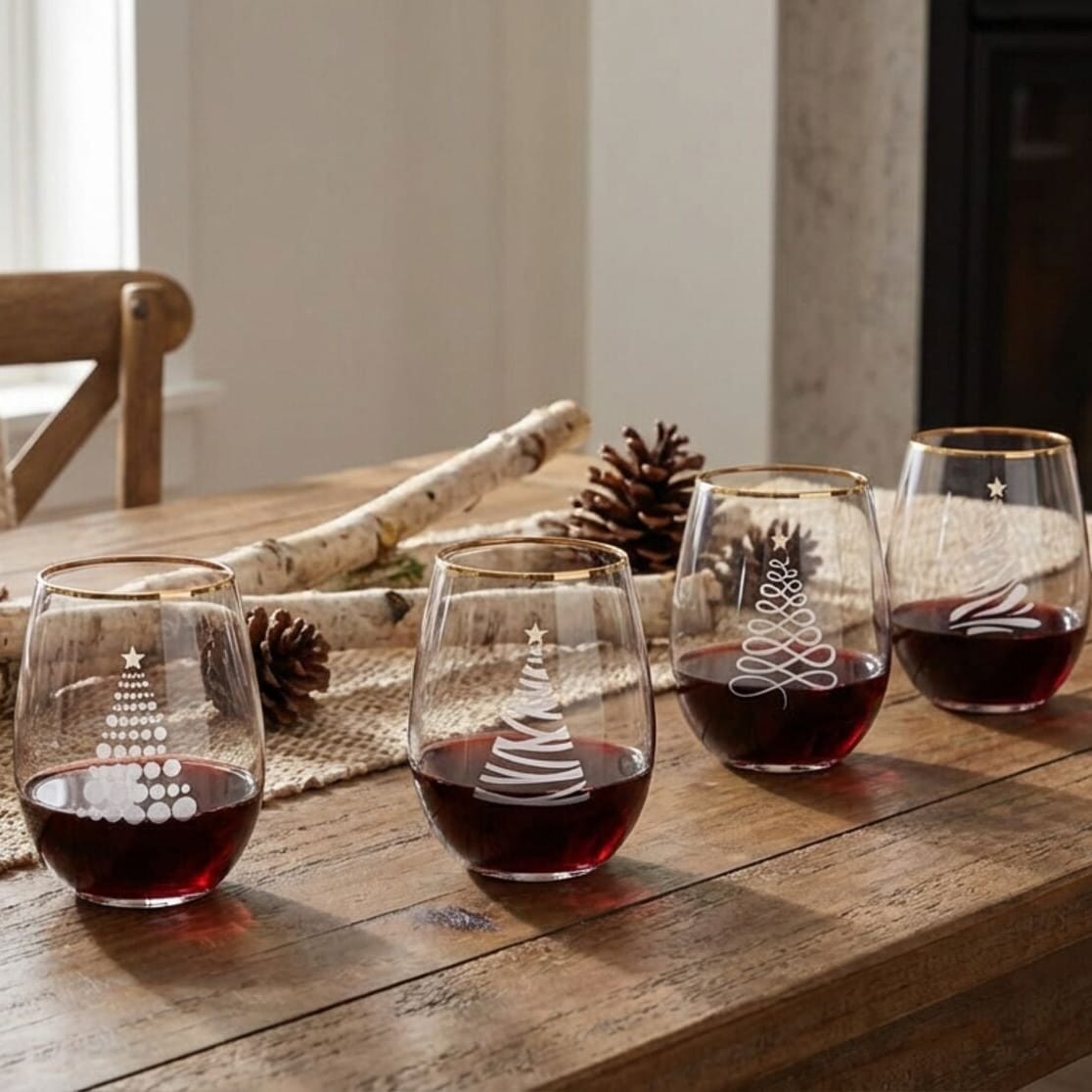 Four stemless wine glasses with etched Christmas tree designs, filled with red wine and arranged on a rustic wooden table in a cozy dining room setting with a fireplace in the background.