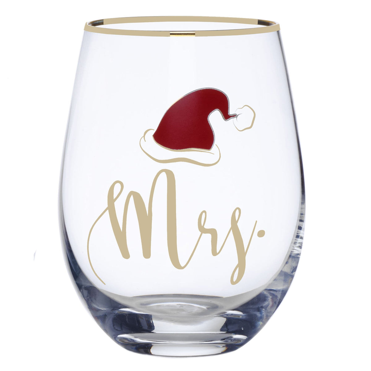 Close up of a stemless wine glass with a gold rim and a Santa design