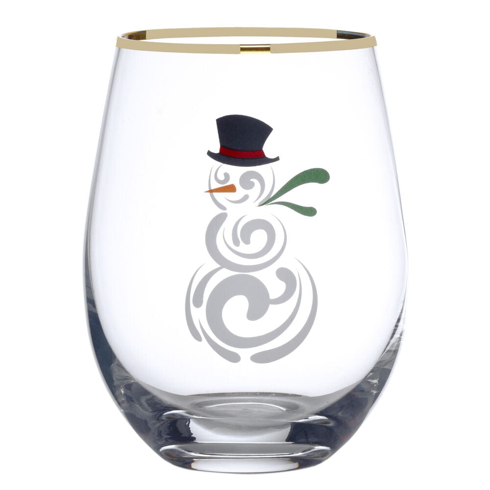 Stemless wine glass featuring a snowman motif and a gold rim