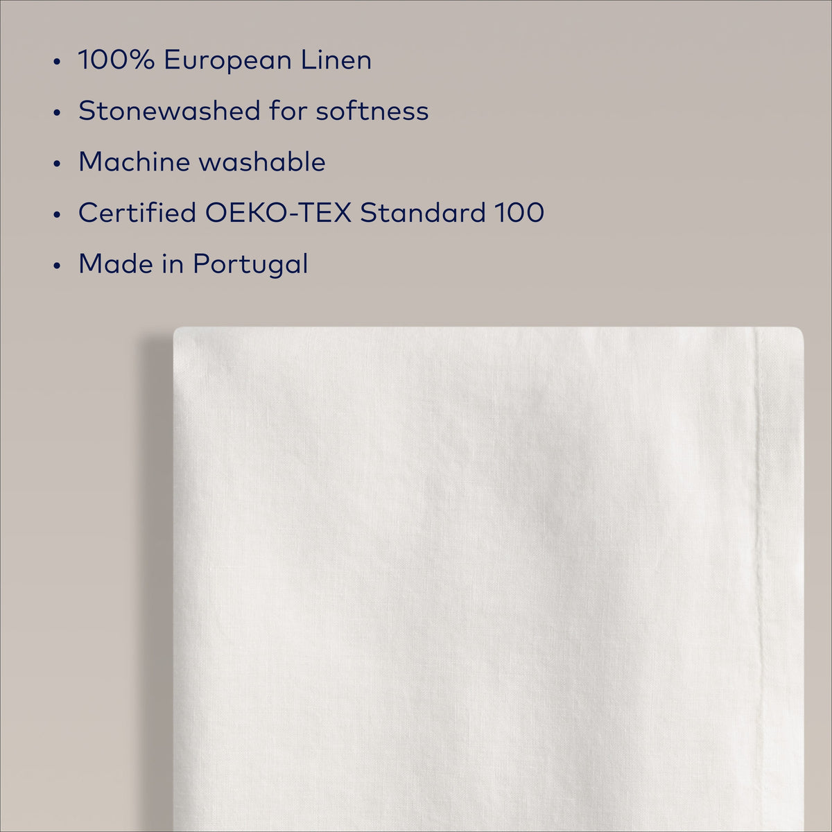 Bullet list for Moon White European Linen tablecloth features including 100% linen stonewashed and OEKO-TEX.