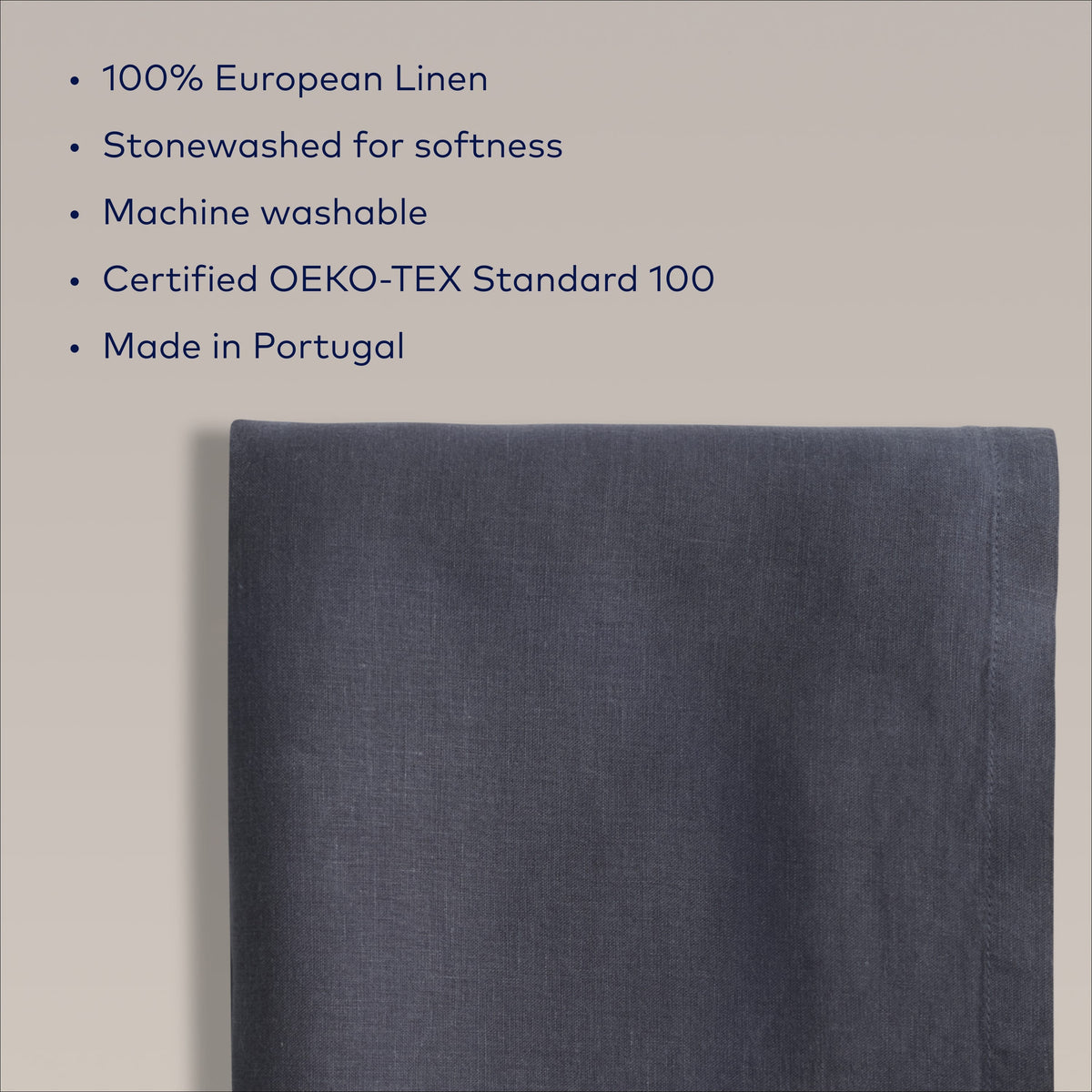 Beige feature slide listing 100% European Linen and OEKO-TEX standards with a dark blue napkin at bottom.