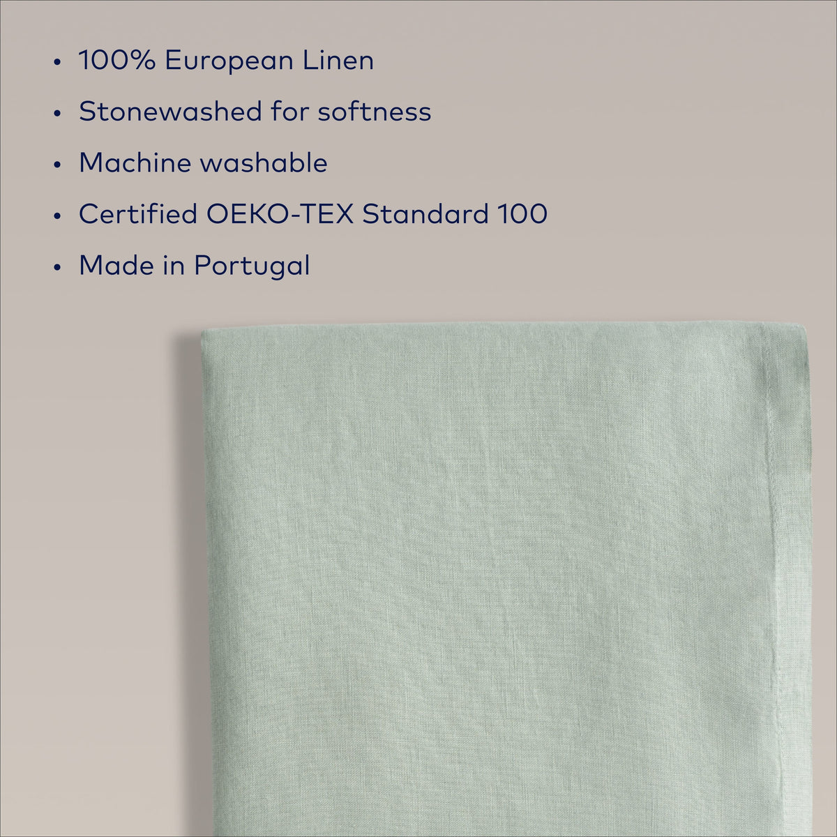 Beige marketing panel listing Palm Green European Linen features with a fabric swatch at the bottom