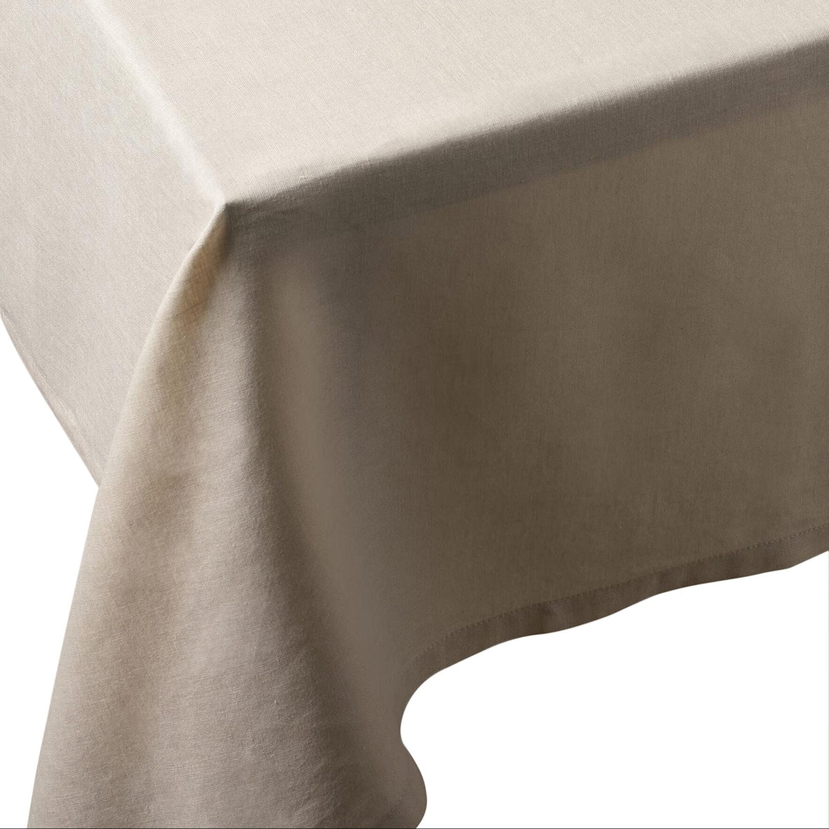 Dune Beige European Linen rectangular tablecloth 55 x 110 inches draped over a table.