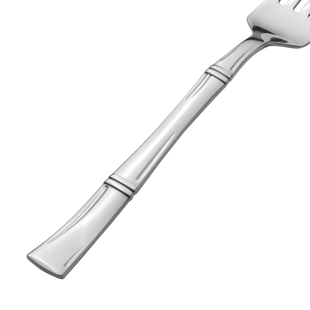 Close up of a shiny silver knife from the bamboo flatware set