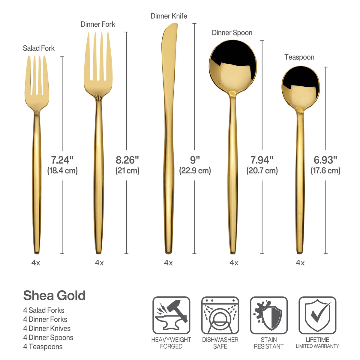 Diagram of Shea Gold forged flatware showing each piece with measurements and features such as heavy weight forged dishwasher safe stain resistant and lifetime warranty