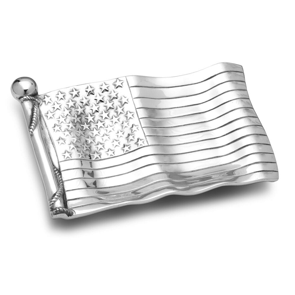 Polished silver American Flag Tray with a star field on the left and flowing striped edges.