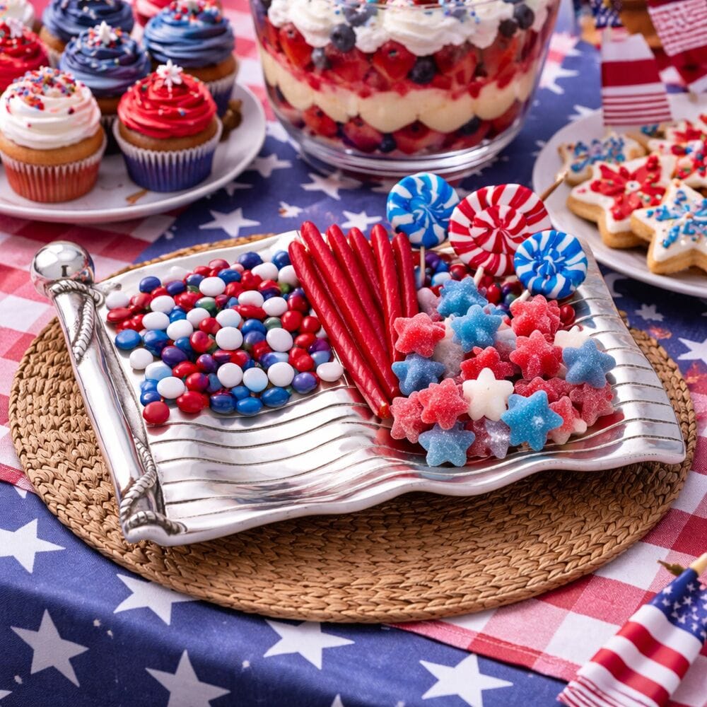 Patriotic candy assortment on a silver American Flag Tray with red white and blue candies and star shaped treats.