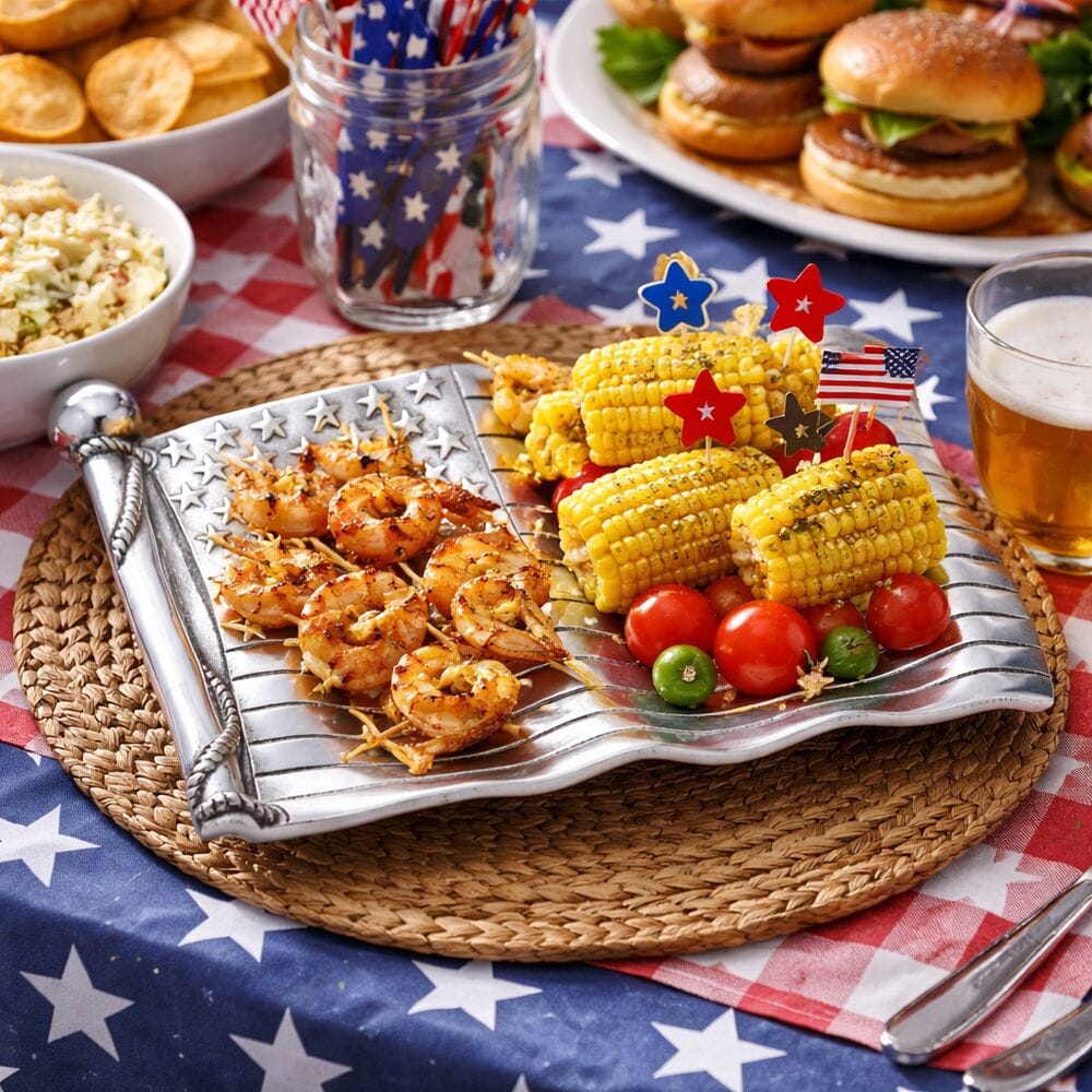 Patriotic star embossed serving tray with shrimp skewers corn and cherry tomatoes