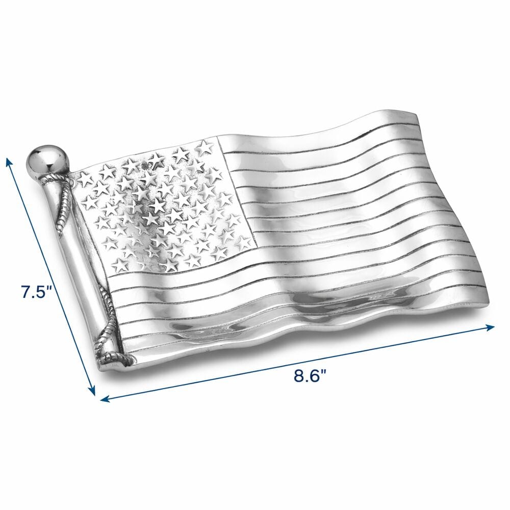 Silver American Flag Tray shown with dimension arrows indicating 8.6 by 7.5 inches.