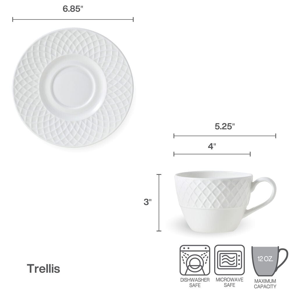 Trellis cup and saucer product spec showing dimensions and care icons including dishwasher safe microwave safe and 12 oz capacity.