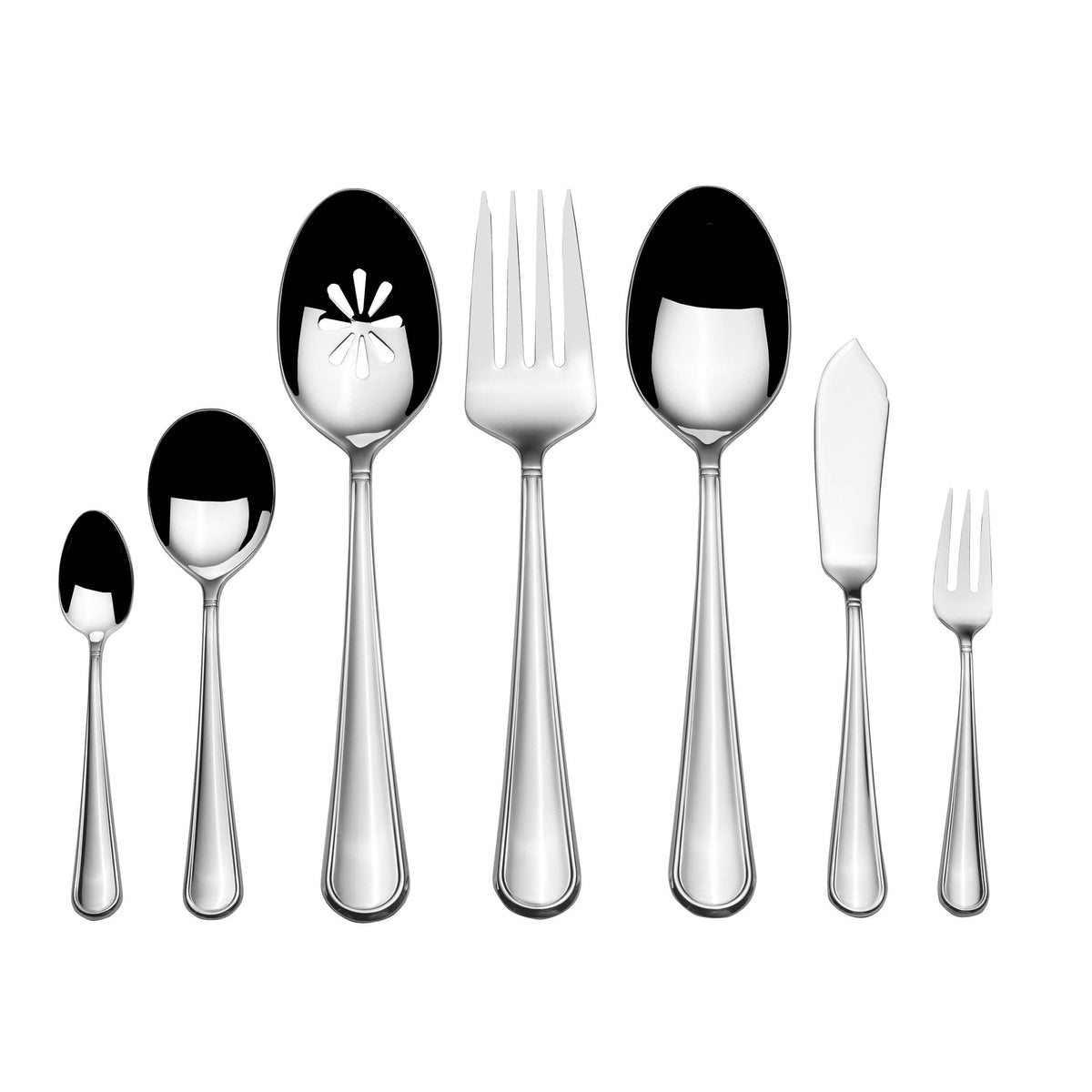 Close up of polished stainless steel cutlery including spoons forks and knives on a white background