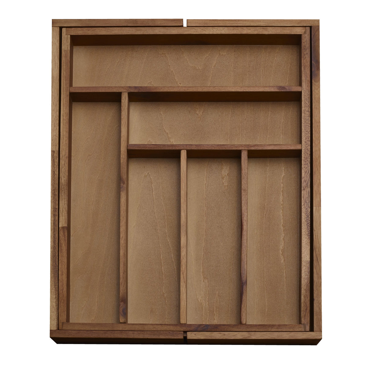 Expandable wooden flatware caddy with dividers for a service for 12