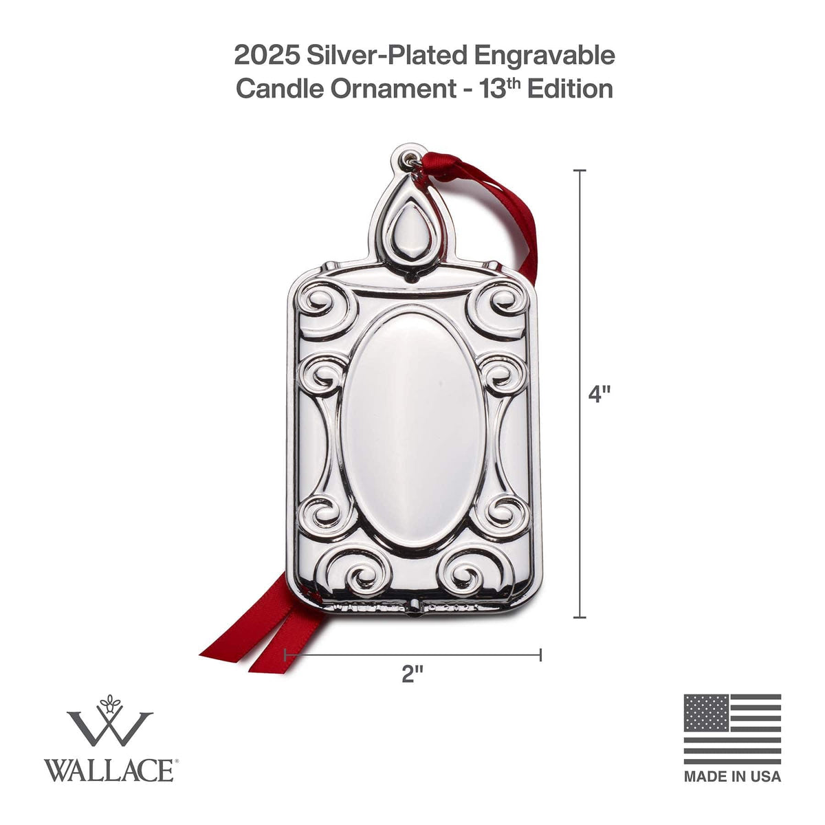 Front view of the 2025 Silver Plate Engravable Candle Ornament 13th Edition with decorative scrollwork and a red hanging ribbon