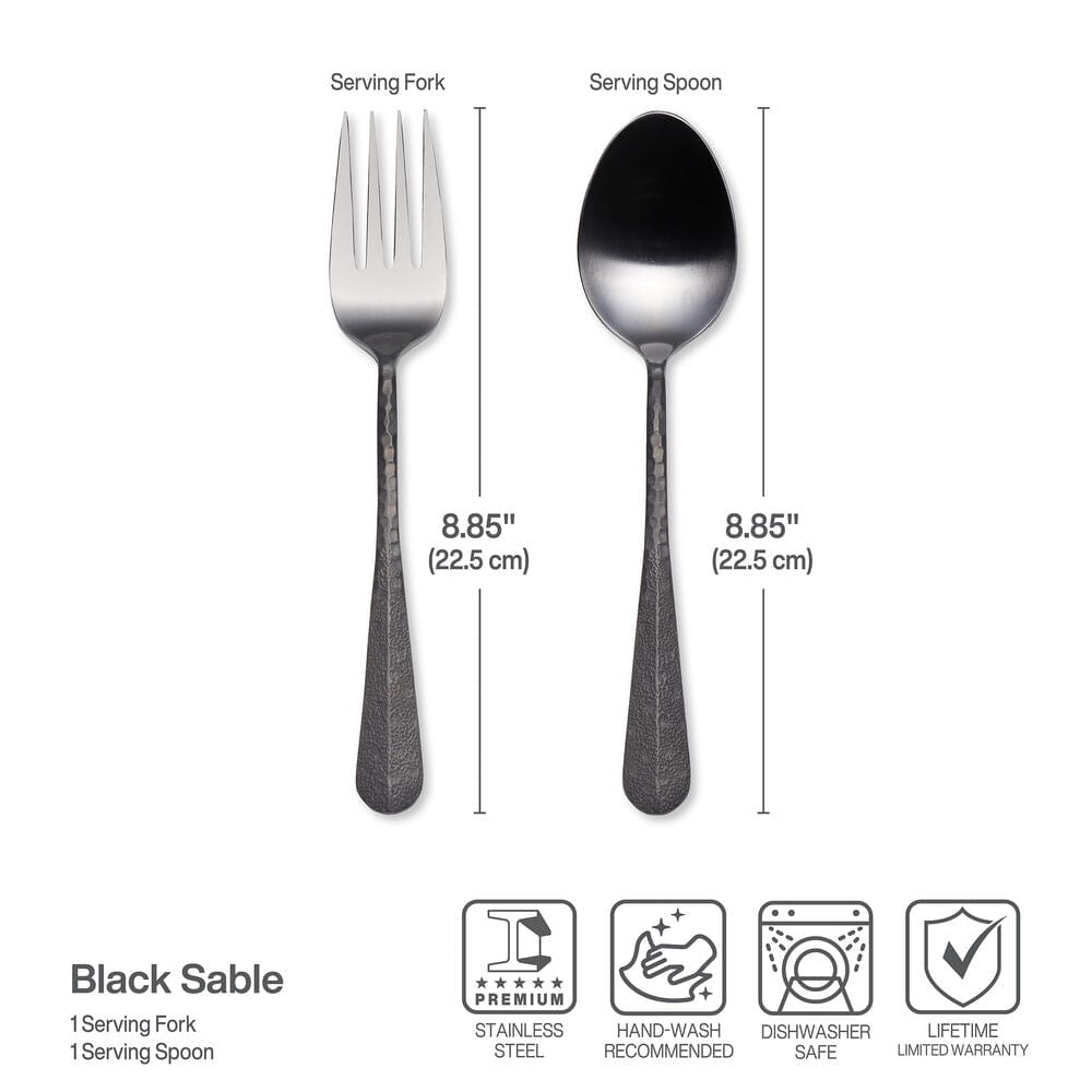 Sable Black serving fork and spoon with dimensions and care icons