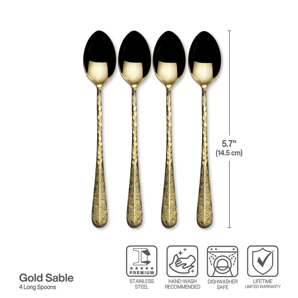 Four gold hammered long handled spoons with black bowls from the Sable Gold set