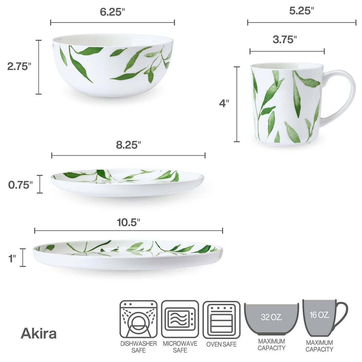 White bowl with green leafy botanical print from the Akira Vegan Bone dinnerware set