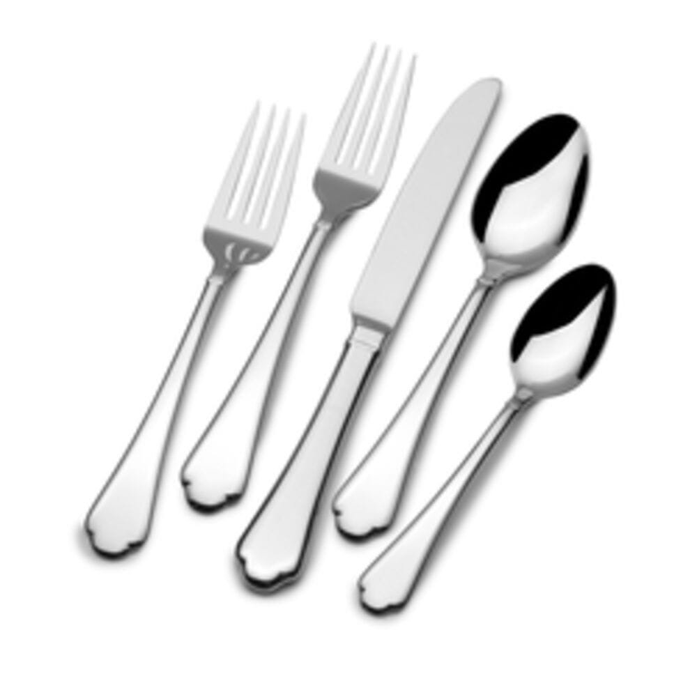 Bellamy 45 piece flatware set for eight displayed with forks knives and spoons