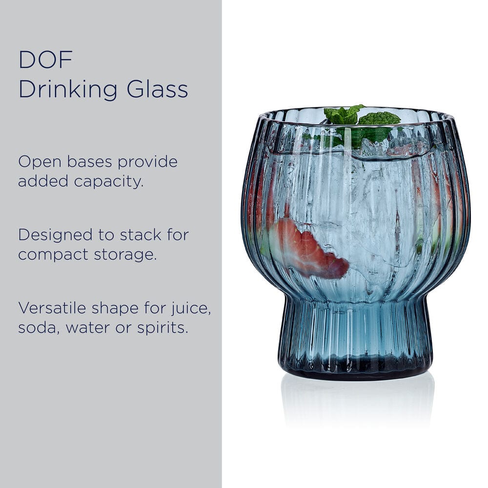 Phoebe optic blue set of four ribbed double old fashioned glasses displayed on a white surface.