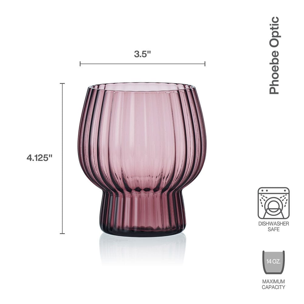 Phoebe Optic Lilac ribbed glass with measurement marks showing 3.5 inches wide and 4.125 inches tall.