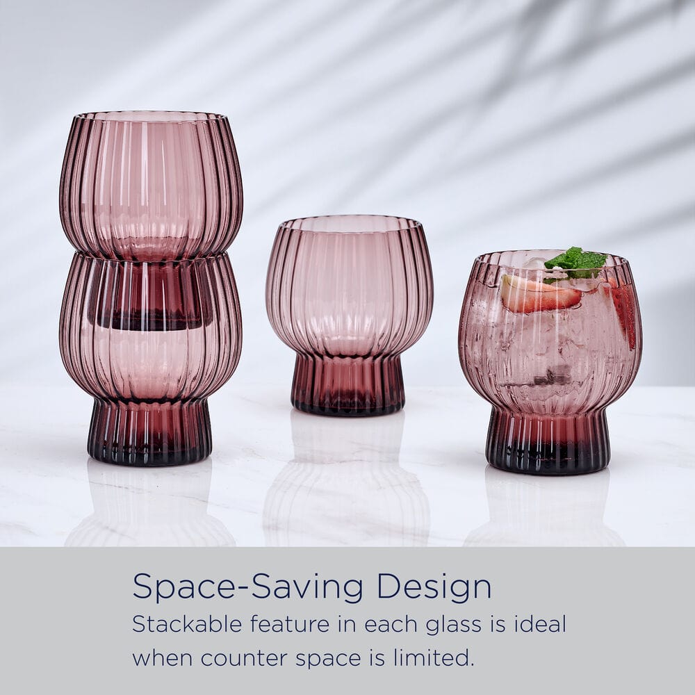 Two stackable Phoebe Optic Lilac glasses demonstrating compact storage