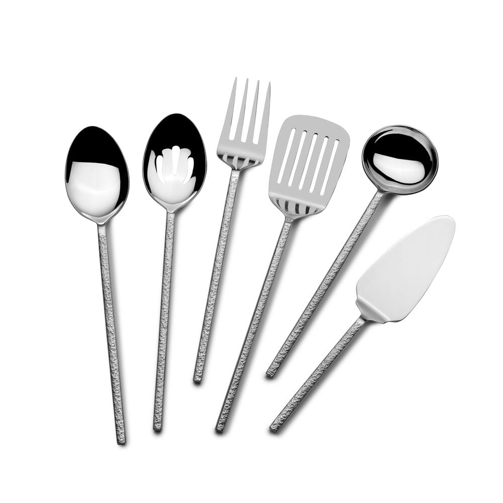 Six piece serving set with hammered silver handles including two spoons a fork a slotted spatula a ladle and a pie server