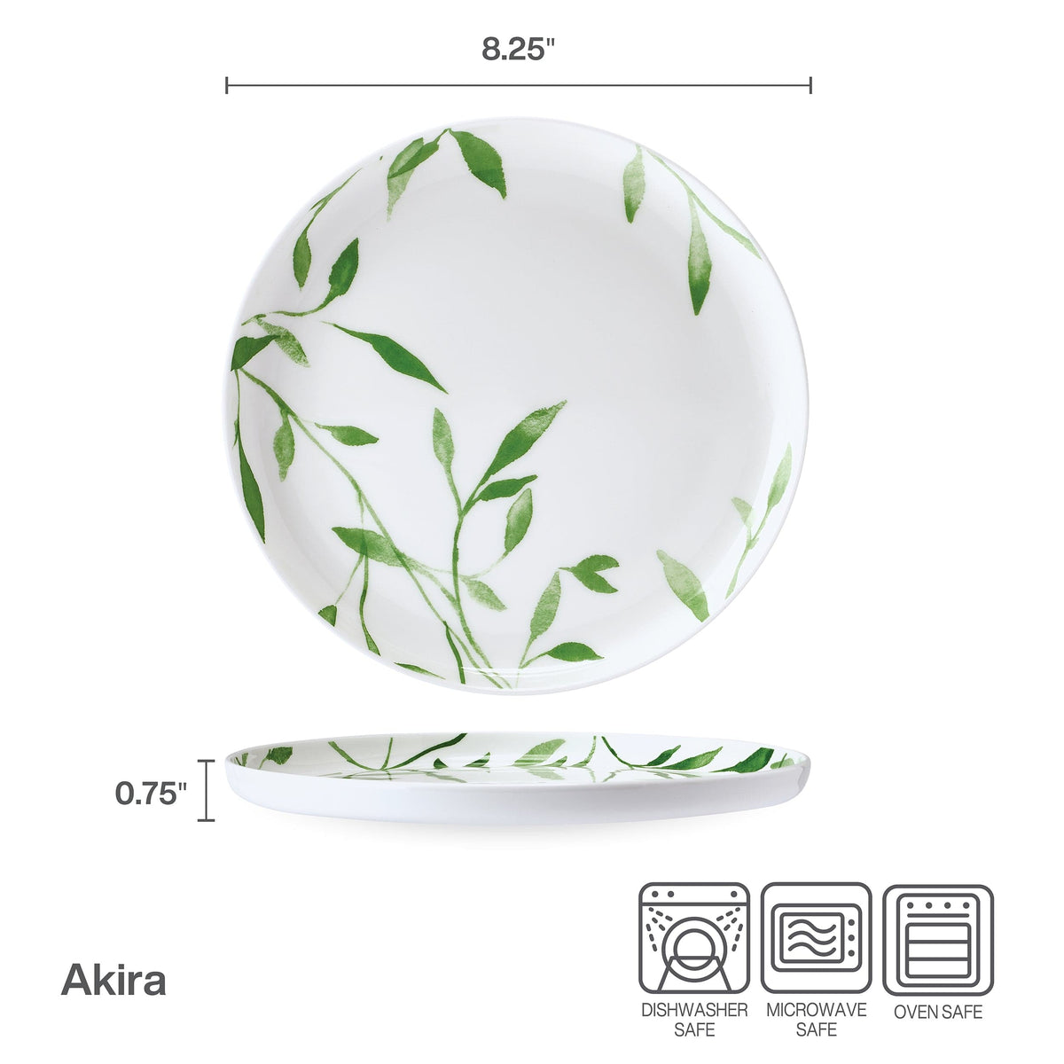Close-up of an 8.25 inch white Akira Vegan Bone salad plate with a green leaf rim