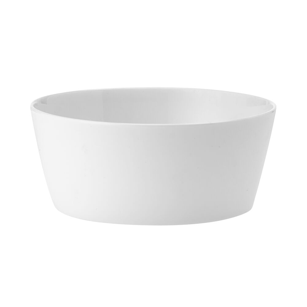White ceramic bowl shown at an angle as part of the Rylee 12 Piece Dinnerware Set