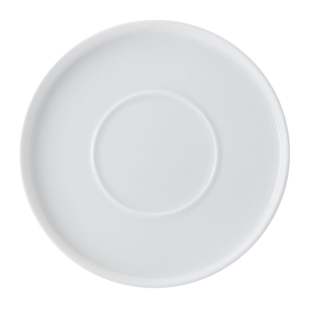 Top-down view of a white ceramic saucer from the Samantha teacup set