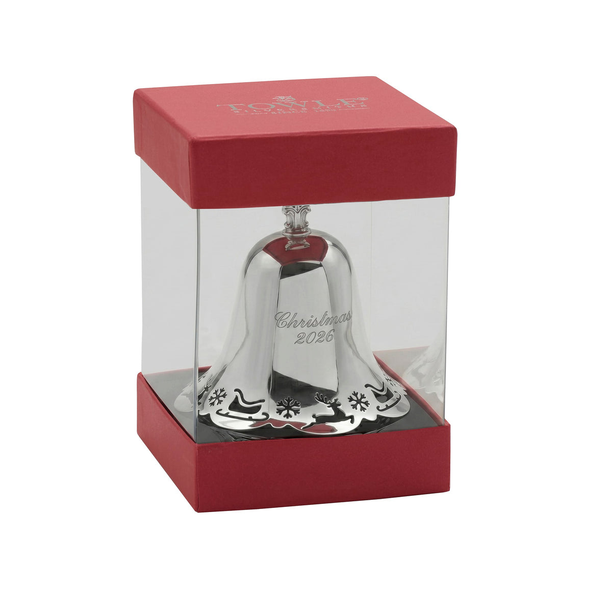 Red box packaging for Towle 2026 silver plated pierced bell ornament 47th edition