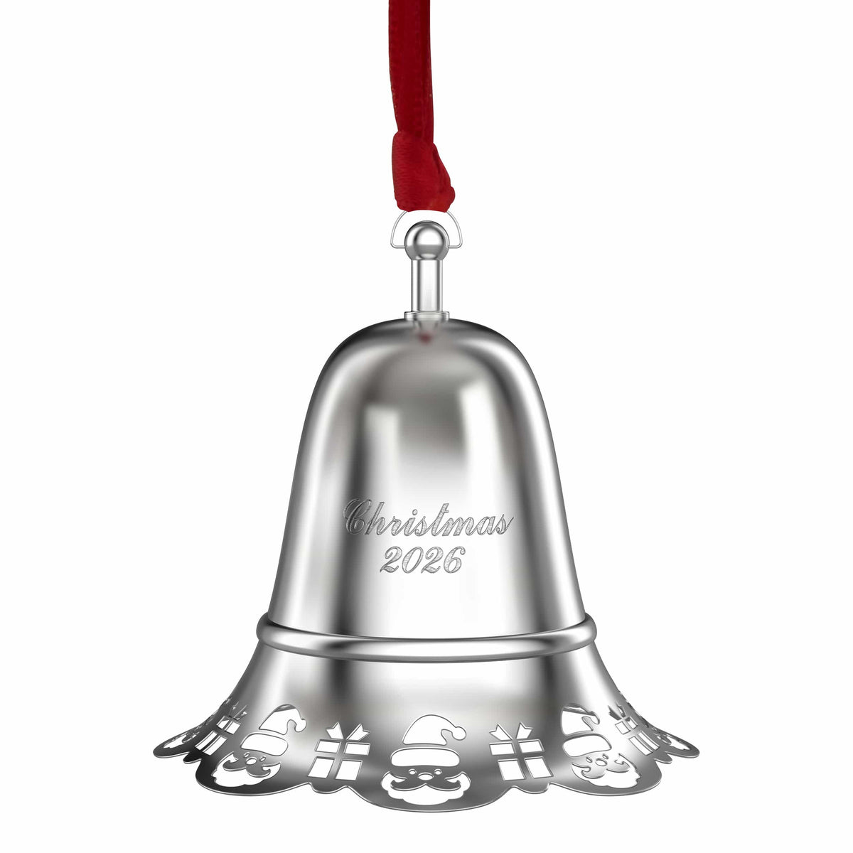 Towle 2026 silver plated pierced musical bell ornament hanging from a red velvet ribbon