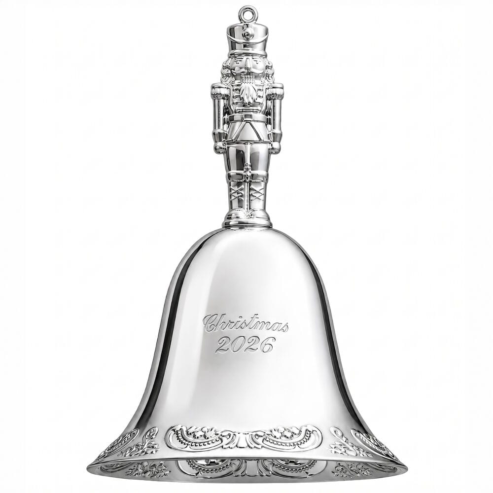 Wallace Grande Baroque silver bell ornament with ornate topper and Christmas 2026 engraving