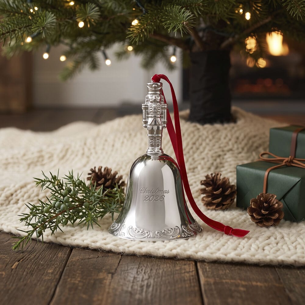 Wallace Grande Baroque 2026 silver plated nutcracker bell ornament with red ribbon