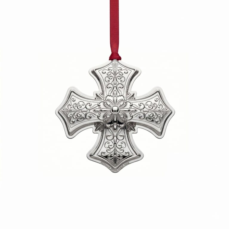 Gorham 2026 Sterling Silver Cross Ornament 13th Edition ornate cross pendant with floral scrollwork and red ribbon