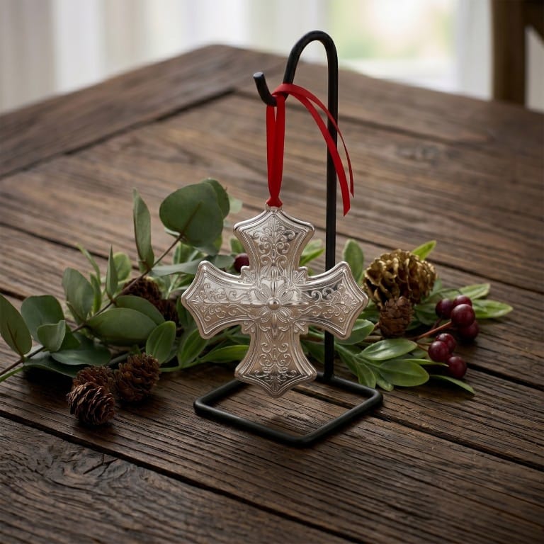 Gorham 2026 sterling silver cross ornament suspended by a red ribbon on a black display stand with greenery and pinecones