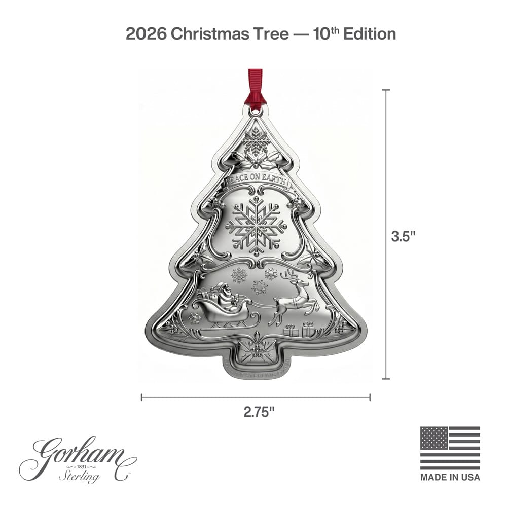 Gorham 2026 10th Edition Christmas Tree ornament specification showing 3.5 inch height and 2.75 inch width