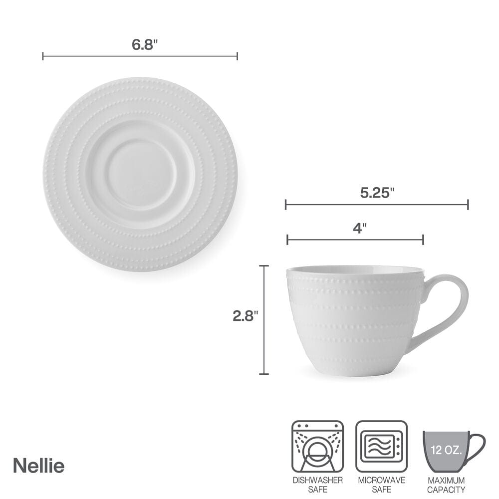 Nellie teacup and saucer with a dimensions diagram showing cup and saucer measurements