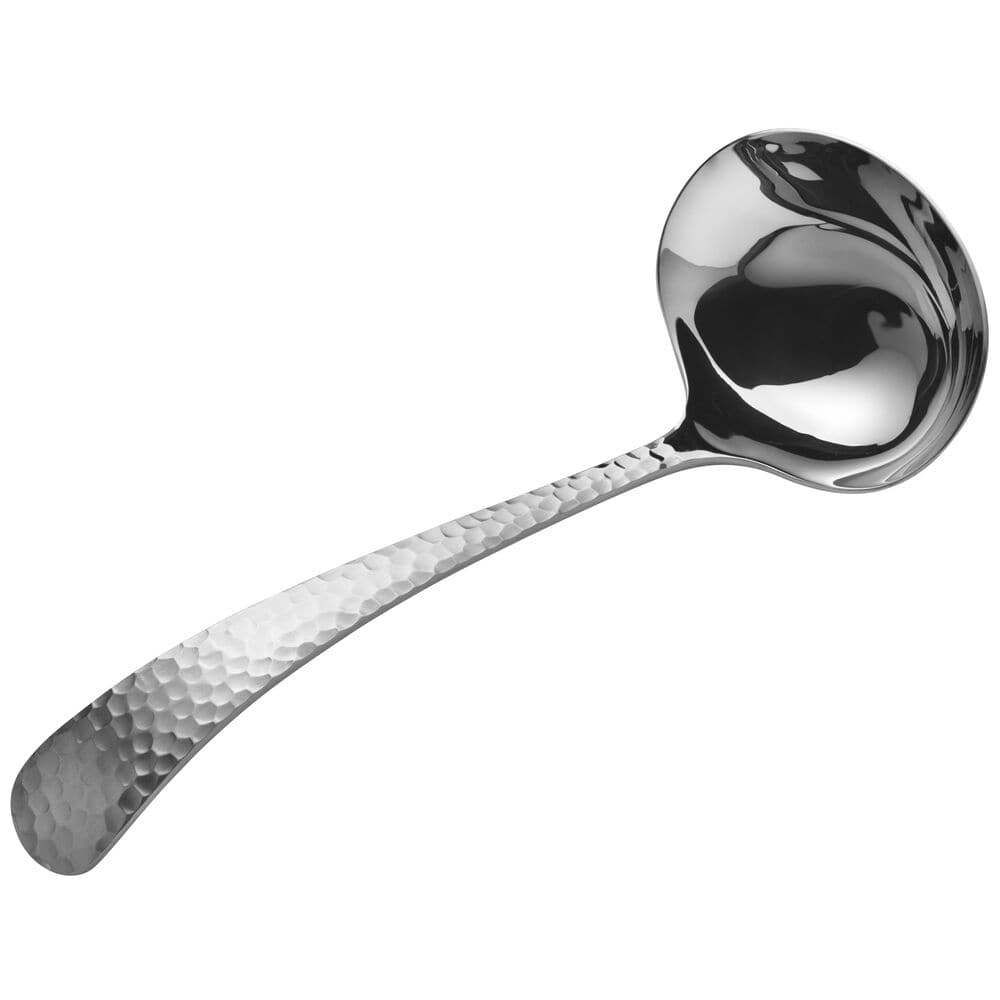 Opulent hammered serving ladle in polished stainless steel with textured handle